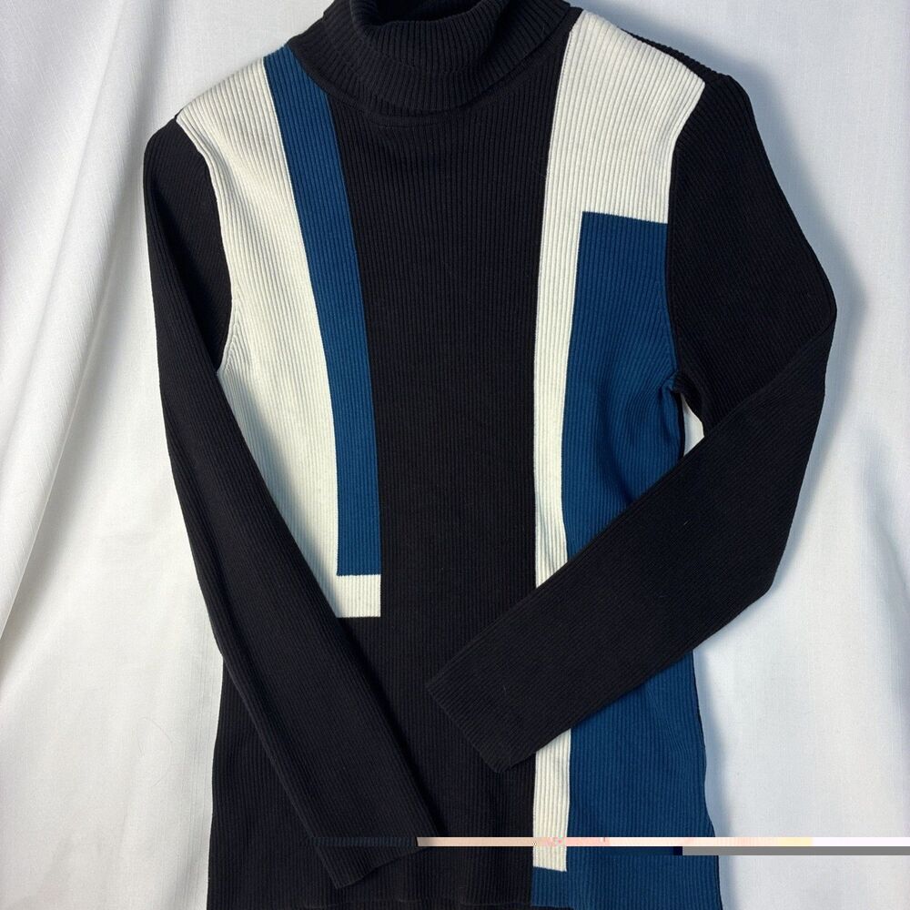 Style & Co Womens blue Black Colorblock Ribbed Turtleneck Sweater